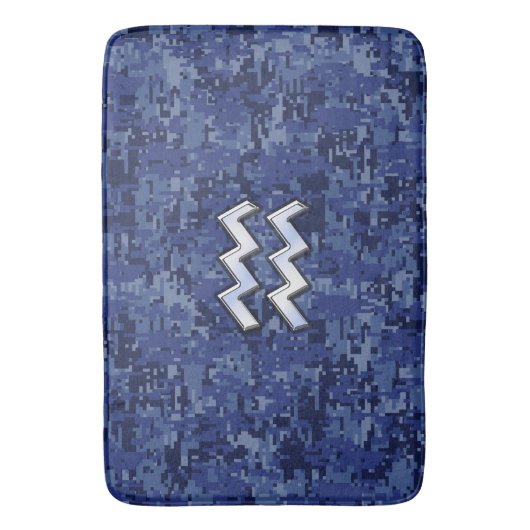 Silver Aquarius Zodiac Sign Navy Blue Digital Camo Badematte (Vorderseite Vertikal)