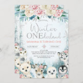 Silver Arctic Animal Winter Onederland Geburtstag Einladung (Vorne/Hinten)