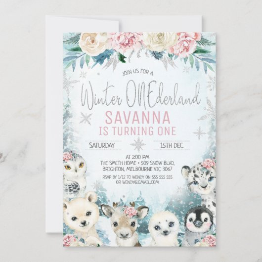 Silver Arctic Animals Winter Onederland Geburtstag Einladung (Vorderseite)
