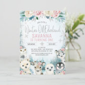 Silver Arctic Animals Winter Onederland Geburtstag Einladung (Stehend Vorderseite)