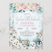 Silver Arctic Animals Winter Onederland Geburtstag Einladung (Vorne/Hinten)