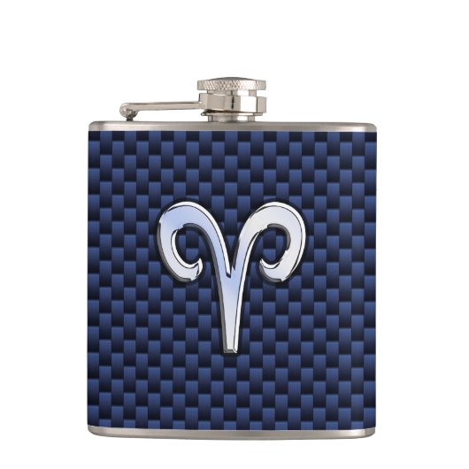 Silver Aries Zodiac Sign Blue Carbon Fibre Print Flachmann (Vorderseite)