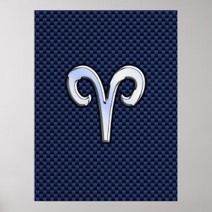 Silver Aries Zodiac Sign Navy Carbon Fiber Style Poster