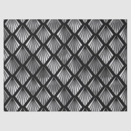 Silver Art Deco Fans auf Black Decoupage Seidenpapier (Vorderseite)