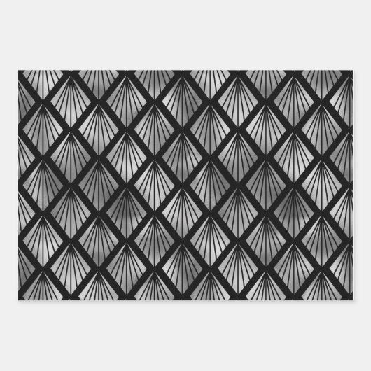 Silver Art Deco Fans auf Black Geschenkpapier Set (Vorderseite 3)