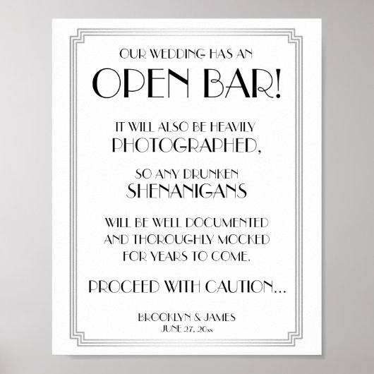 Silver Art Deco Gatsby Open Bar Sign 8x10 Poster (Vorne)