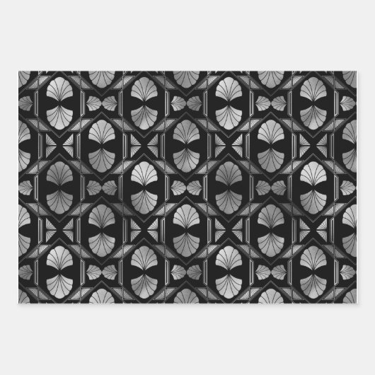 Silver Art Deco Muscheln auf Black Geschenkpapier Set (Vorderseite 2)