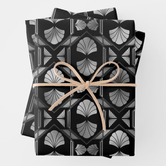 Silver Art Deco Muscheln auf Black Geschenkpapier Set (Beispiel)