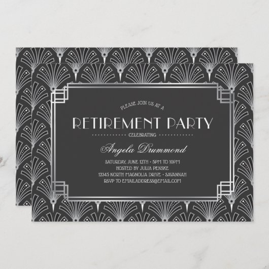 Silver Art Deco Retirement Party Einladung (Vorne/Hinten)