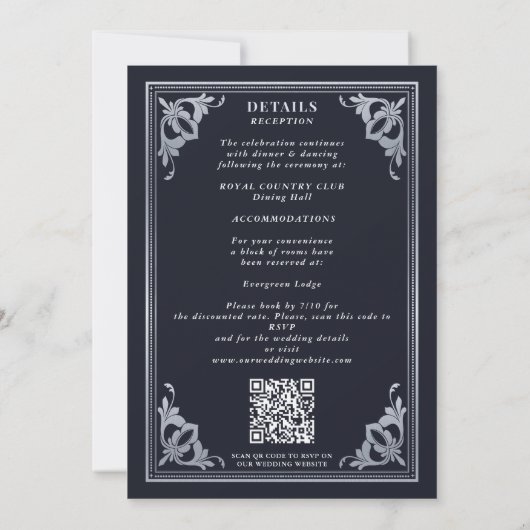 Silver Art Nouveau Tarot Gothic QR Code Hochzeit Einladung (Rückseite)