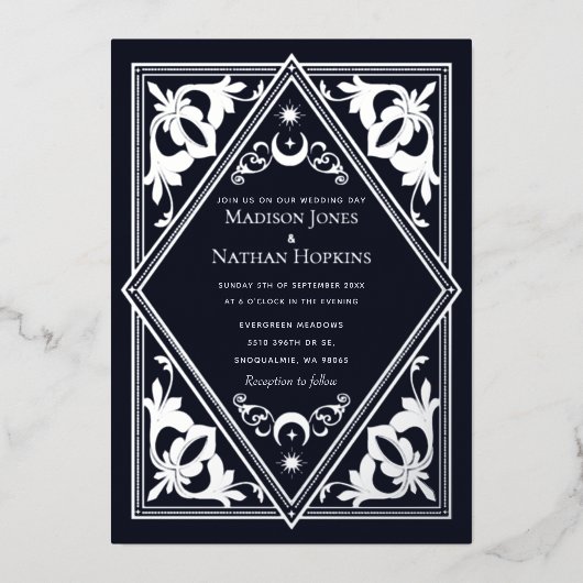 Silver Art Nouveau Tarot Gothic Wedding All-in-One Folieneinladung (Vorderseite)