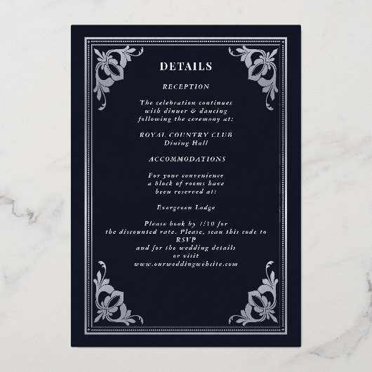 Silver Art Nouveau Tarot Gothic Wedding All-in-One Folieneinladung (Rückseite)