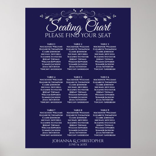 Silver auf Navy Blue 9 Table Wedding Chart Poster (Vorne)