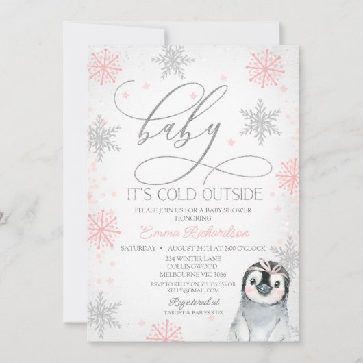 Silver Baby It's Cold Outside Pinguin Baby Dusche Einladung (Vorderseite)
