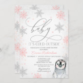 Silver Baby It's Cold Outside Pinguin Baby Dusche Einladung (Vorne/Hinten)