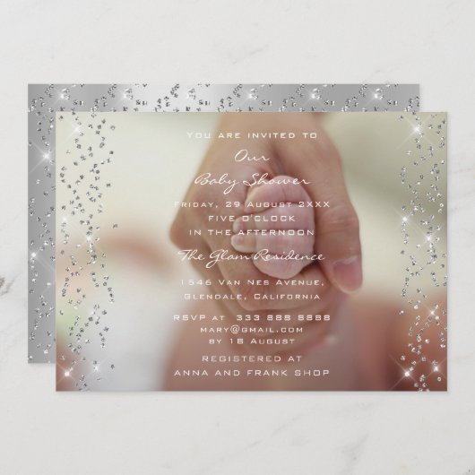 Silver Baby Shower Boy Girl Foto Confetti Einladung (Vorne/Hinten)