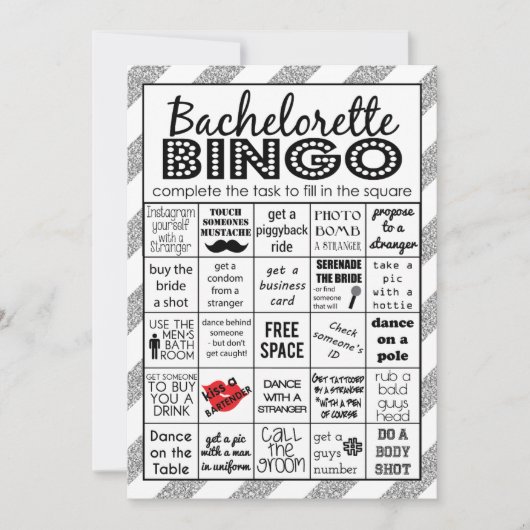 Silver Bachelorette Bingo, Party Game, Challenge Einladung (Vorderseite)