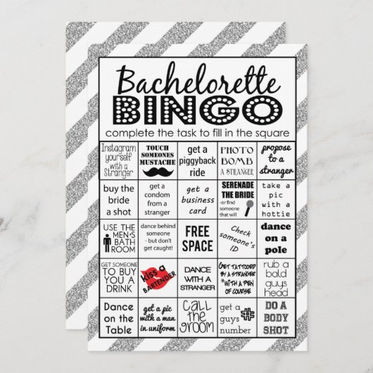 Silver Bachelorette Bingo, Party Game, Challenge Einladung (Vorne/Hinten)