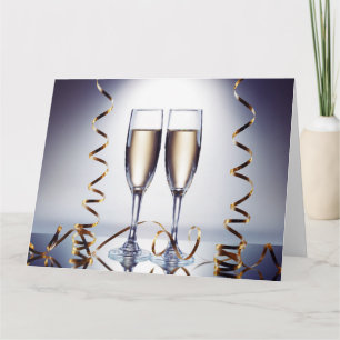 Silver Background Gold Ribbon Champagner Brille Karte