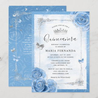 Silver Bahama Blue Rose Elegante Quinceanera Einladung