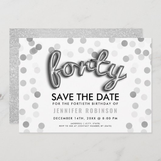 Silver Balloons Glitzer Confetti 40. Geburtstag Einladung (Vorne/Hinten)