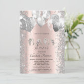 Silver Balloons Glitzer Confetti Babydusche Einladung (Stehend Vorderseite)