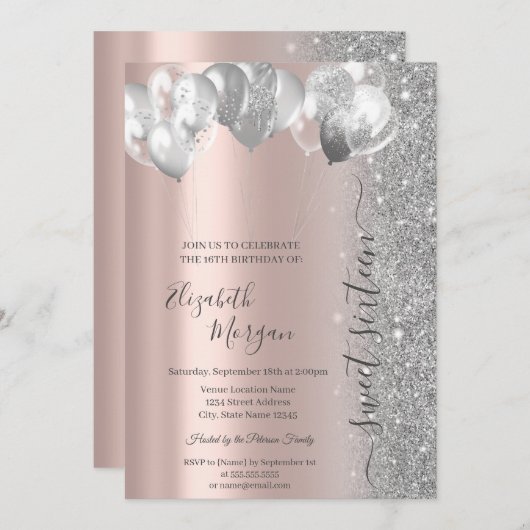 Silver Balloons Glitzer Rose Gold Sweet 16 Einladung (Vorne/Hinten)