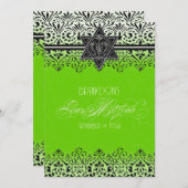 Silver Bar Mitzvah Green Black in White Lace Einladung (Vorne/Hinten)