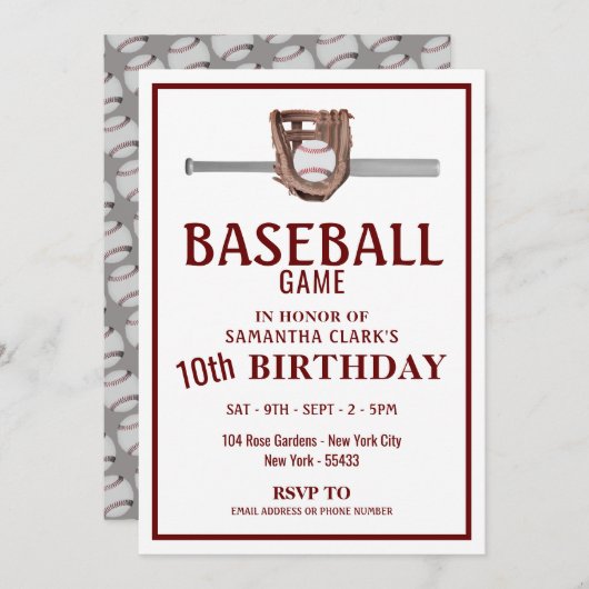 Silver Baseball Bat, Baseball Game Birthday Party Einladung (Vorne/Hinten)