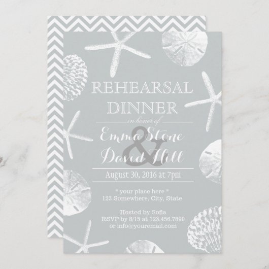 Silver Beach Theme Seashells Probe Dinner Einladung (Vorne/Hinten)