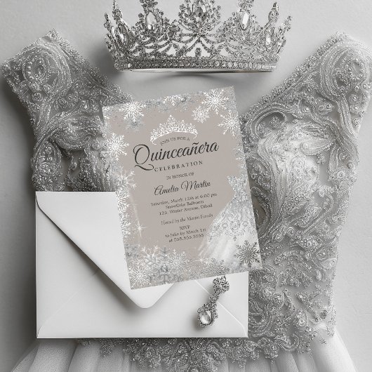 Silver Beige Winter Snowflake Quinceanera Folieneinladung