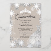 Silver Beige Winter Snowflake Quinceanera Folieneinladung (Vorderseite)