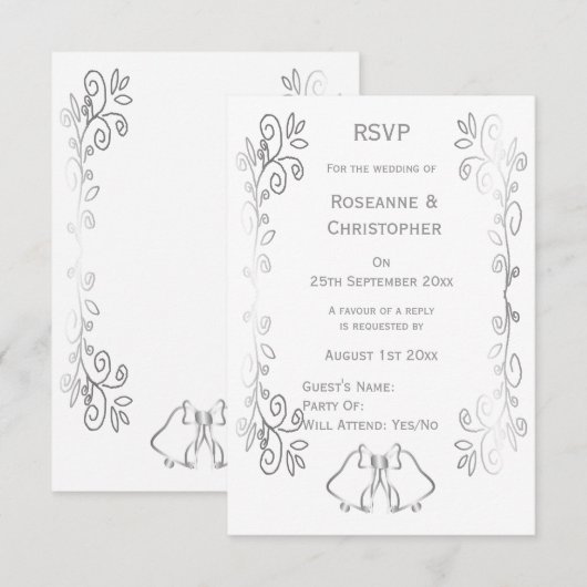 Silver Bells Scrollwork Design Wedding RSVP Karte (Vorne/Hinten)