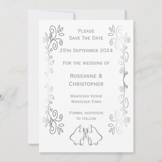 Silver Bells Scrollwork Design Wedding Save The Date (Vorderseite)