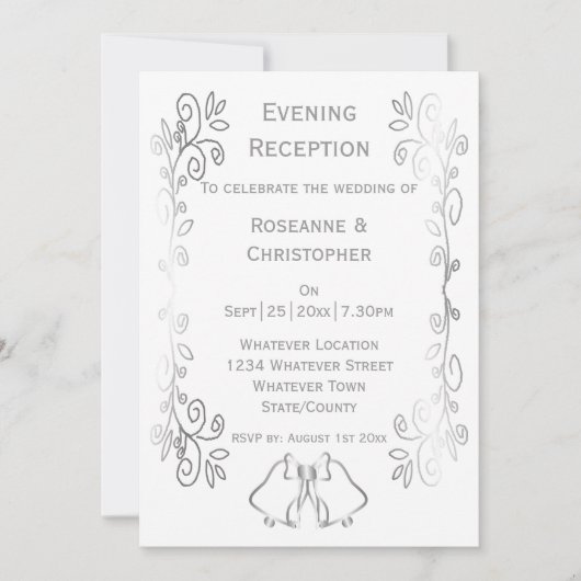 Silver Bells Scrollwork Hochzeitsempfang Einladung (Vorderseite)