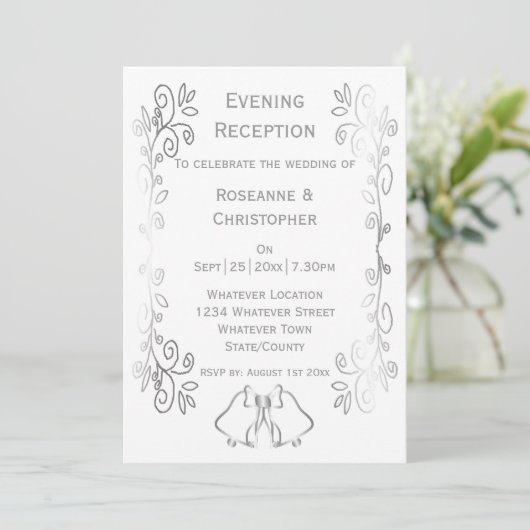 Silver Bells Scrollwork Hochzeitsempfang Einladung (Stehend Vorderseite)