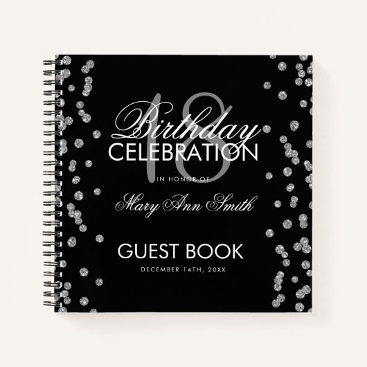 Silver Birthday Guestbook Glitzer Confetti Black Notizblock (Vorderseite)