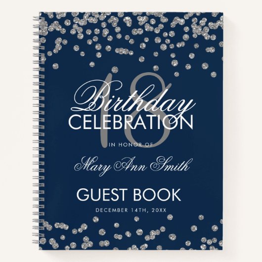 Silver Birthday Guestbook Glitzer Confetti Navy Notizblock (Vorderseite)