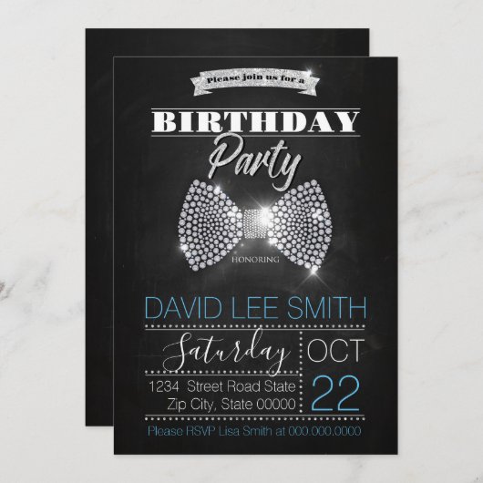 Silver Birthday Party Diamonds bow-Krawatte Einladung (Vorne/Hinten)