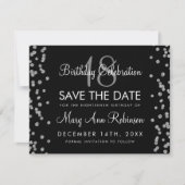 Silver Birthday Rett Date Glitzer Confetti Black Save The Date (Vorderseite)