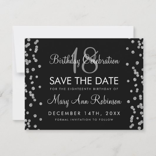 Silver Birthday Rett Date Glitzer Confetti Black Save The Date (Vorderseite)