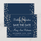 Silver Birthday Rett Date Glitzer Confetti Navy Save The Date (Vorne/Hinten)