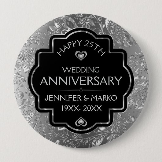 Silver & Black 25. Hochzeitstag Button (Vorderseite)