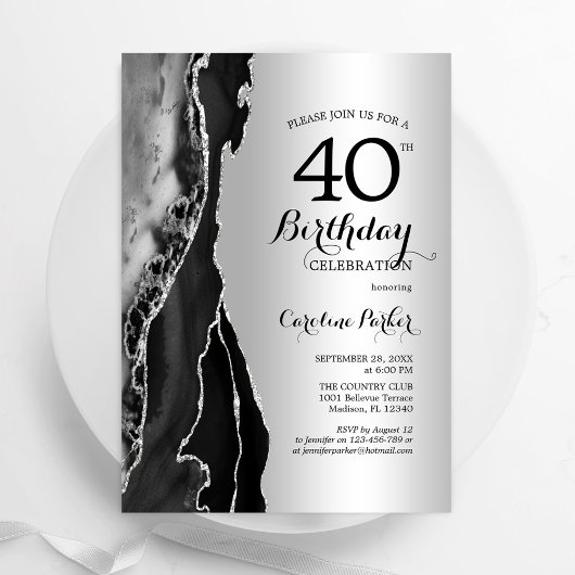 Silver Black Agate 40. Geburtstag Einladung