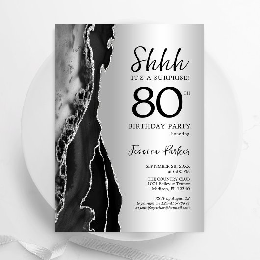 Silver Black Agate Überraschung 80. Geburtstag Einladung