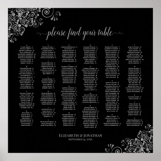 Silver & Black Alphabetical Wedding Seating Chart Poster (Vorne)