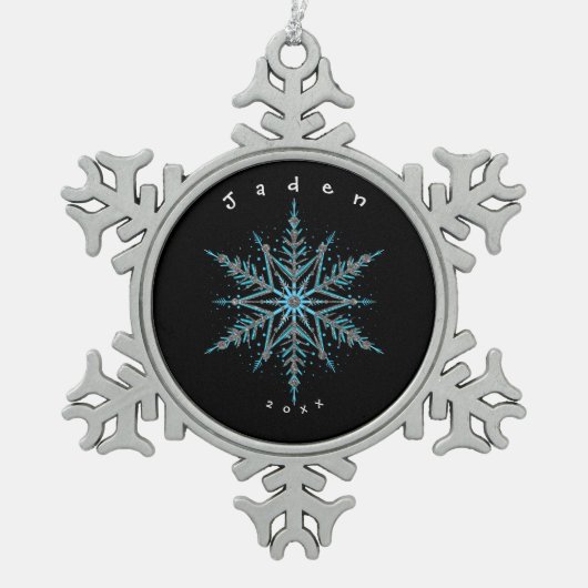 Silver Black and Blue Custom Snowflake Schneeflocken Zinn-Ornament (Vorderseite)