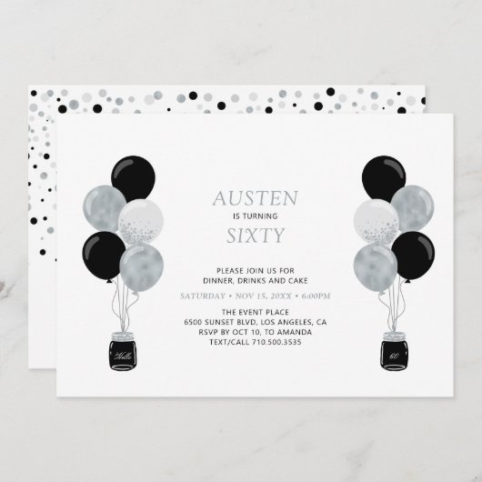 Silver & Black Balloon Moderne Erwachsene Geburtst Einladung (Vorne/Hinten)