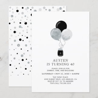 Silver & Black Balloon Moderne Erwachsene Geburtst Einladung