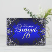 Silver Black Blue Pearl Damask Sweet 16 Einladung (Stehend Vorderseite)